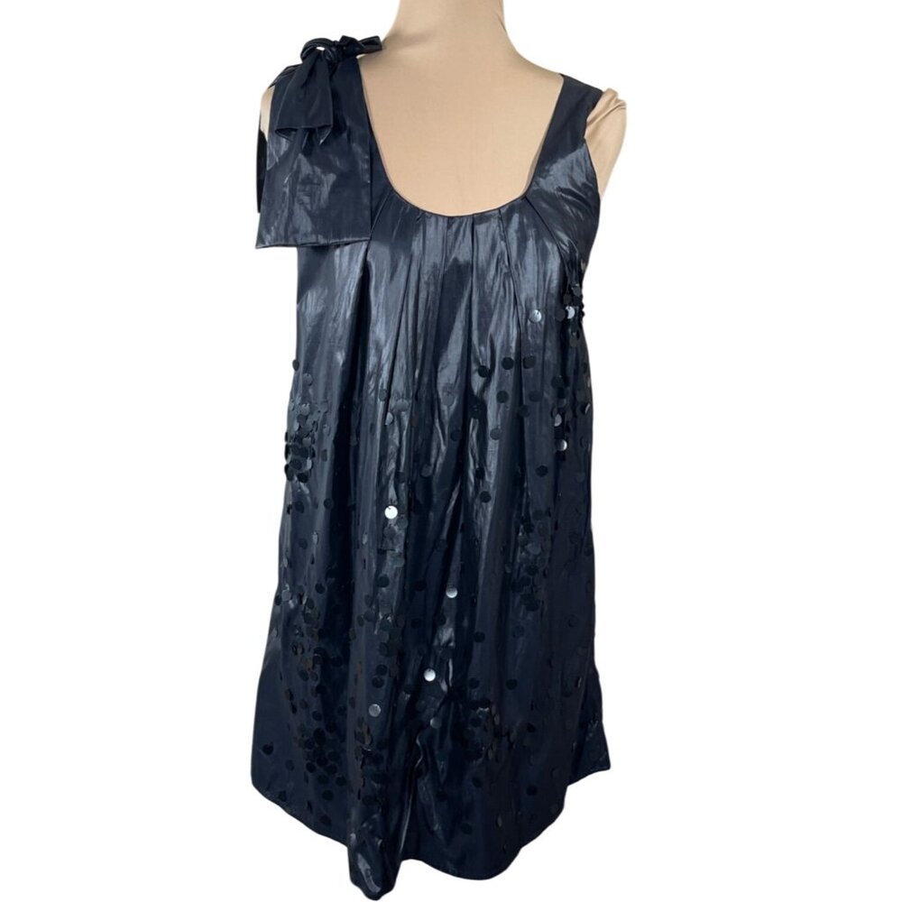Ryu Flat Sequin Dress Shoulder Bow Black Shift Shimmery S Small Mini Cocktail